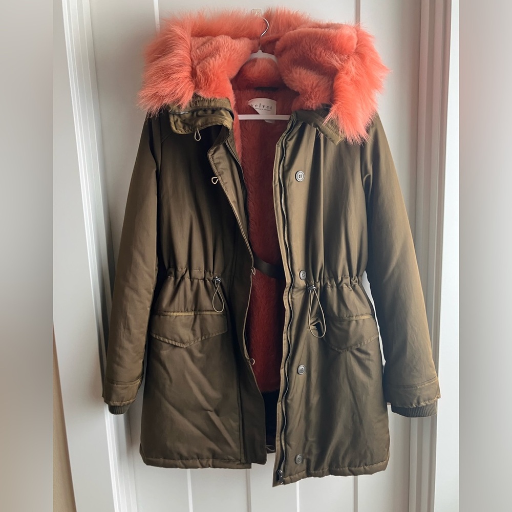 Velvet by Graham & Spencer Army Green Pink Faux Fur Lined Parka